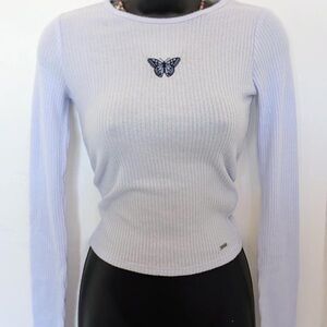 Hollister Blue Fitted Long Sleeve with butterfly embroidery Y2K Size XS